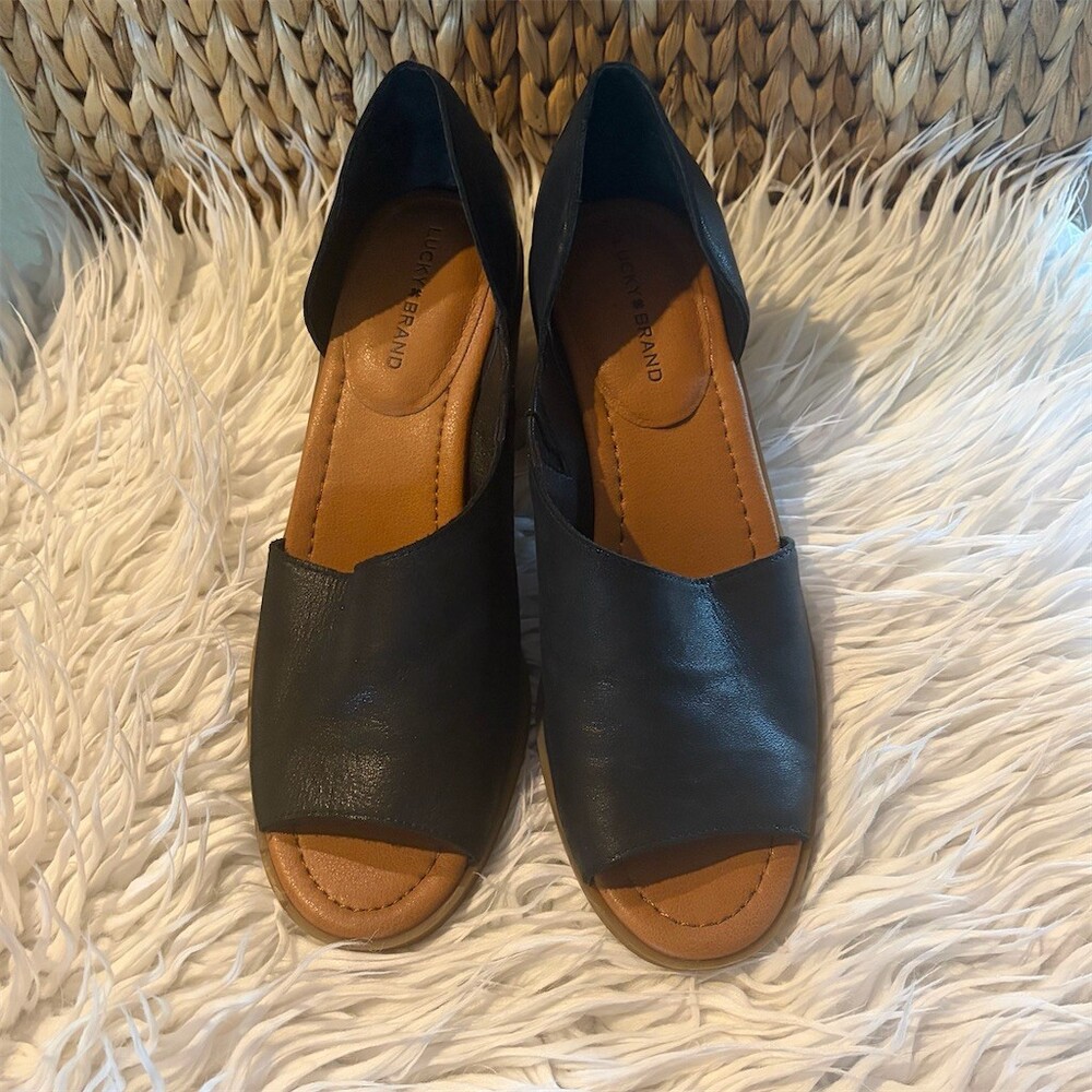 Lucky Brand Women's D'Orsay Block Heel Sandals Black Peep Toe Size 9